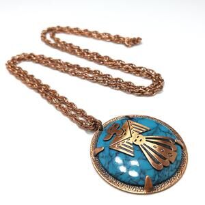 Copper by Bell Thunderbird Necklace, Faux Turquoise, 1970s Vintage Jewelry
